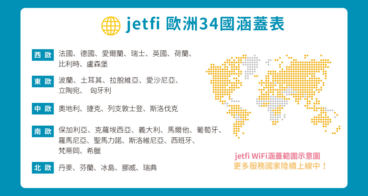 歐洲上網Jetfi 4G高速網路WIFI機35國吃到飽9日序號